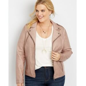 Maurices Women Faux Leather Moto Jacket 1X Mauve Pink Zip Up Ribbed Panels